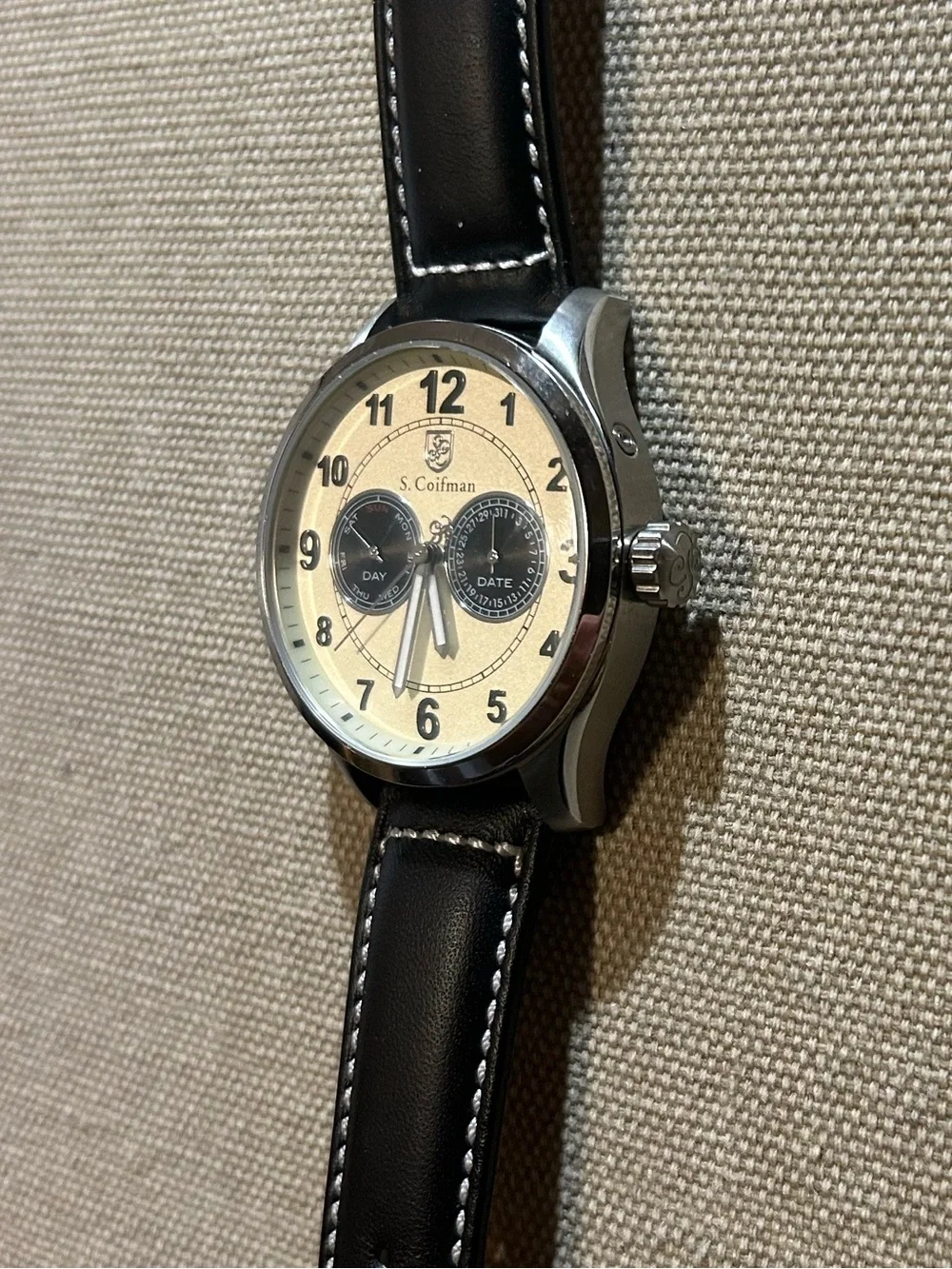 S Coifman Watch With 44mm Silver Light Gold Tone Face With Black Leather Band